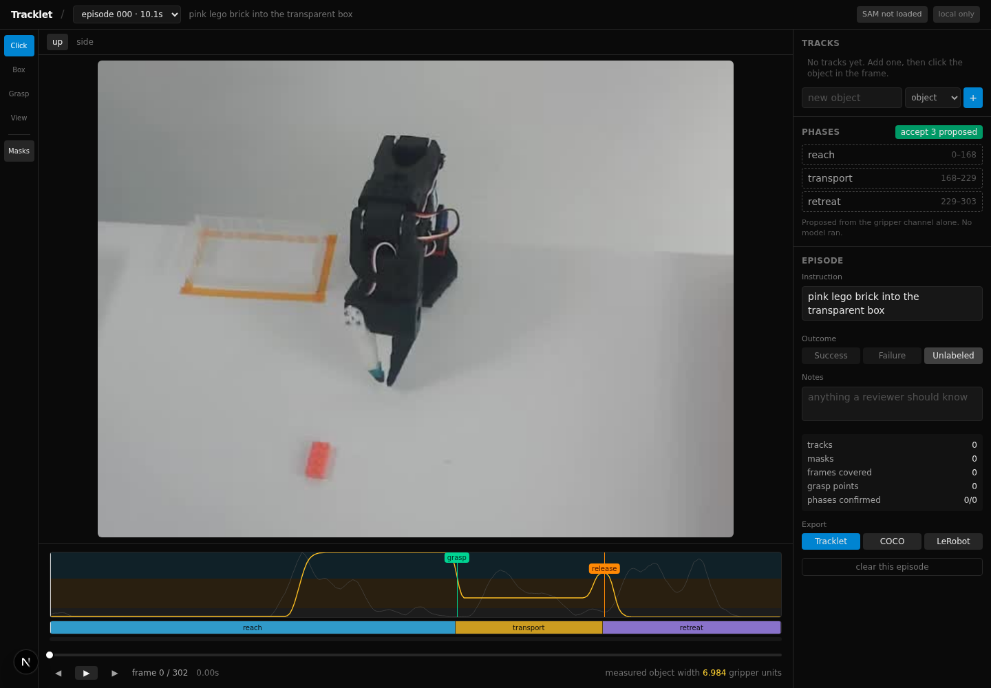 Tracklet robot episode annotation workspace with video, tracks, masks, and signal timeline
