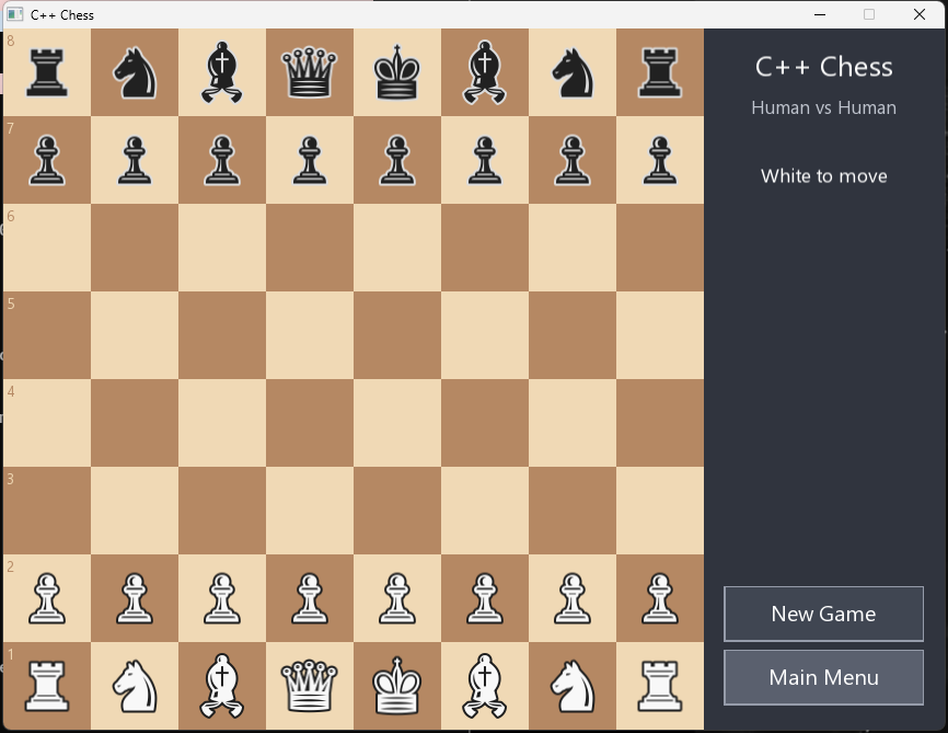 The chess game mid-match, with legal-move dots shown on the board and a side panel with game controls